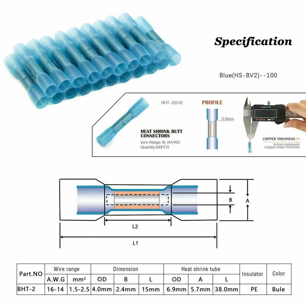 1000pcs 14-16 Gauge Blue AWG Heat Shrink Butt Wire Connectors Crimp Terminals US