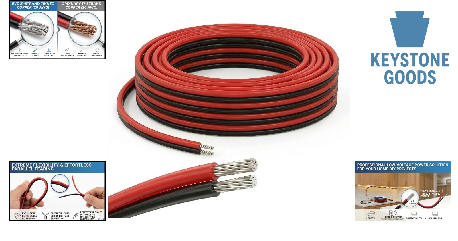 66ft 20AWG 2-Pin Tinned Copper Extension Cable for LED Strips, 12V/24V