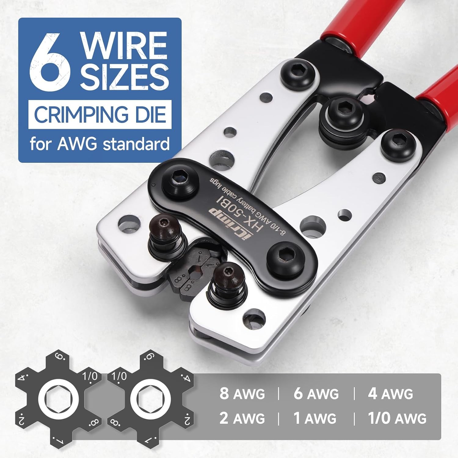 iCrimp Battery Cable Lug Crimper Kit 8-1/0 AWG 63pcs Lugs Tubes