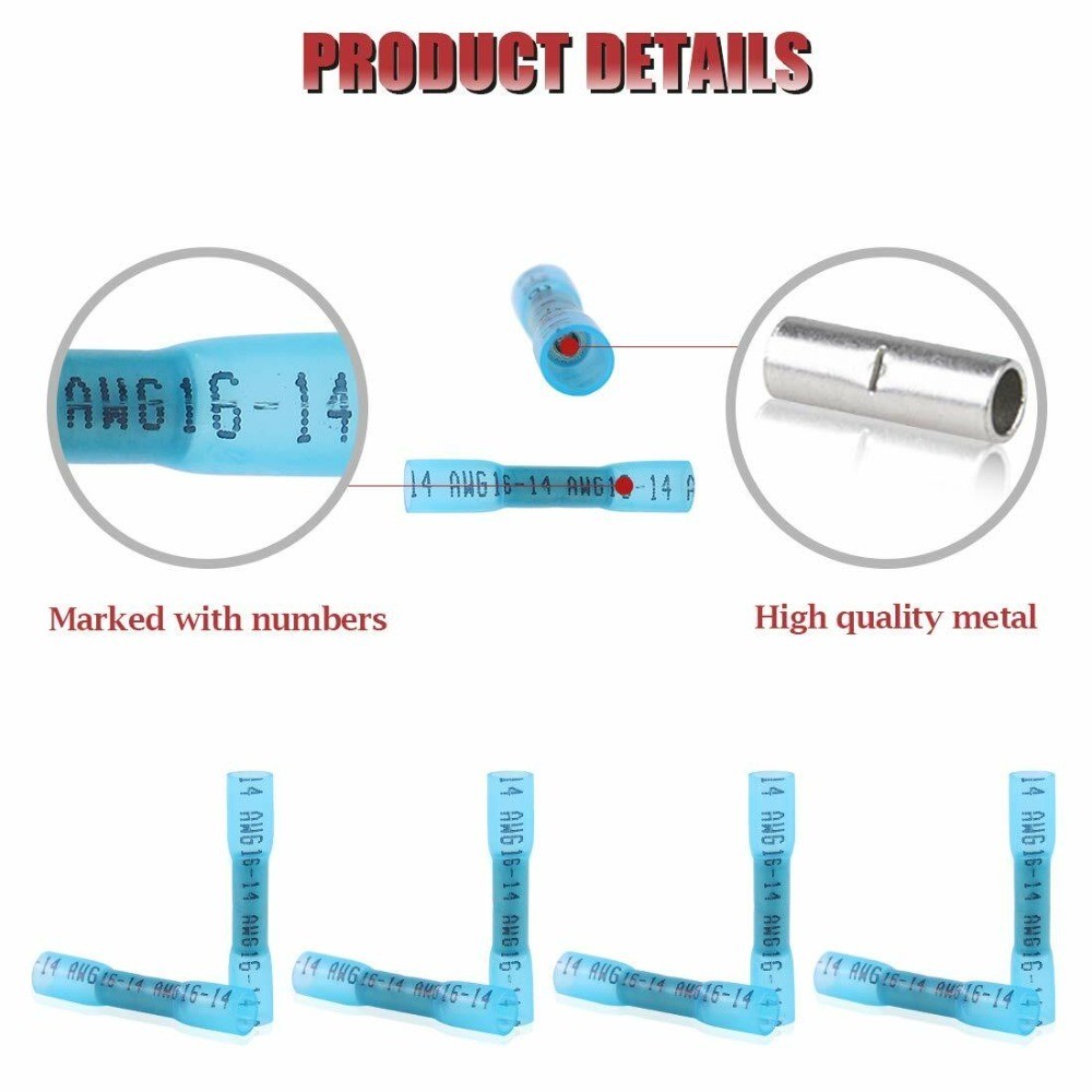 1000PCS Blue 14-16AWG Heat Shrink Waterproof Wire Connectors Butt Seal Terminals