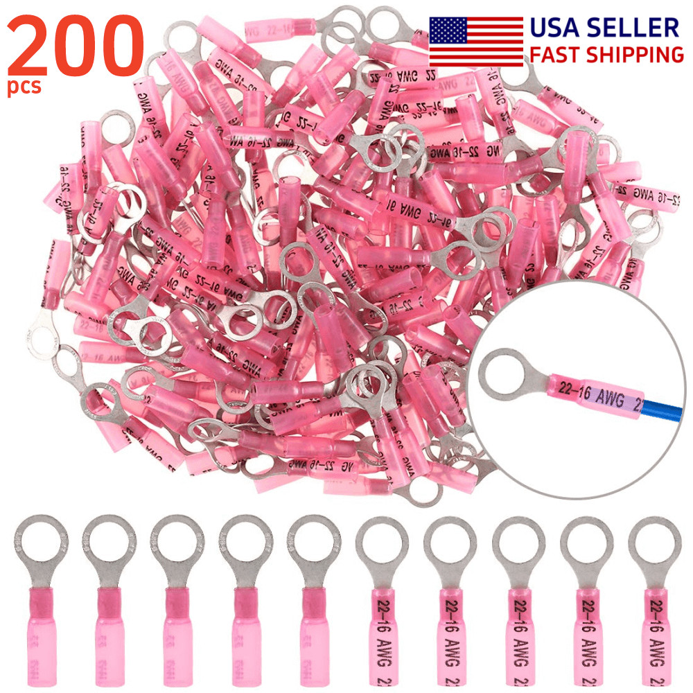 200PCS Waterproof 8mm 5/16″ Ring Terminal 22-16AWG Heat Shrink Wire Connector US