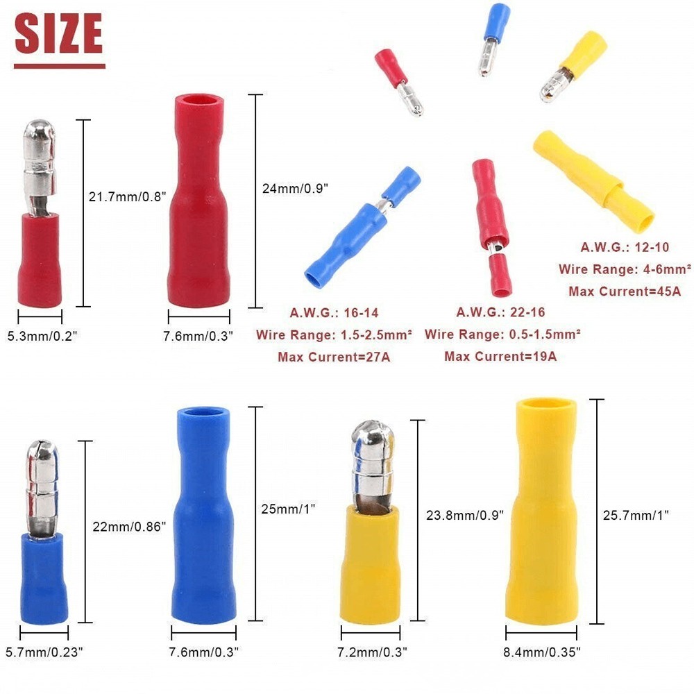 22-10AWG Male with Female Insulated Crimp Wire Connectors Bullet Terminals 50PCS