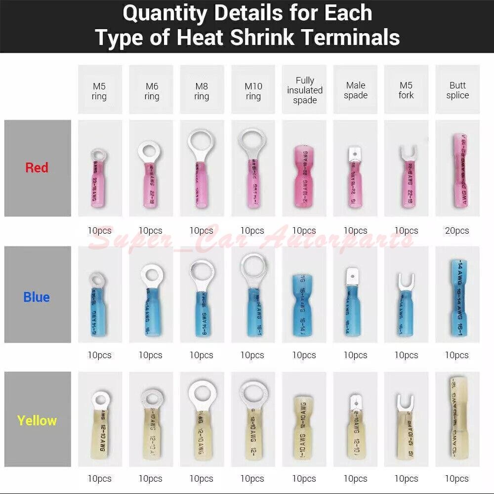 250x Heat Shrink Wire Connectors Electrical Ring Fork Spade Crimp Terminals Kit