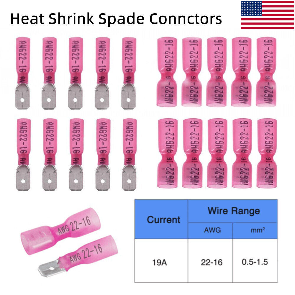 Red 22-16AWG Heat Shrink Male Female Spade Terminals Crimp Wire Connector 1/4″