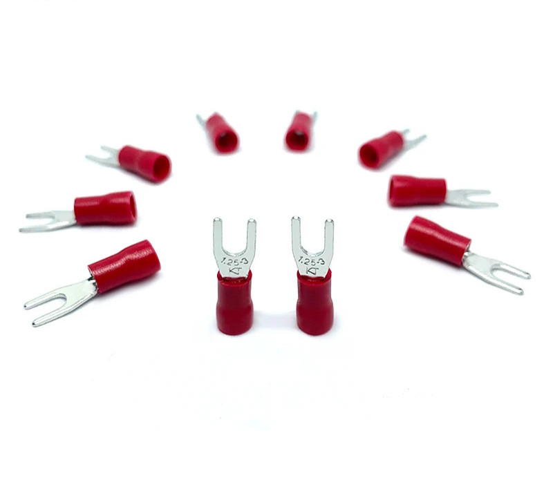100pcs Wire Connector SV1.25-3 Red Copper U Shaped Fork PVC Insulated Electrical