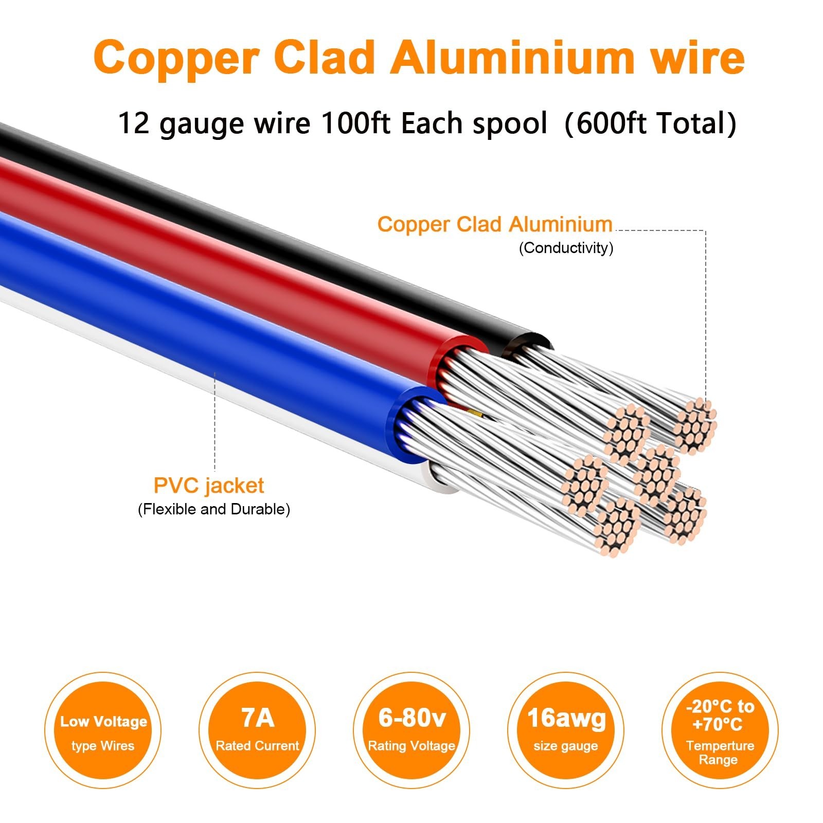 600FT 12 Gauge Wire, 12 AWG Low Voltage Copper Clad Aluminum, 6 Color Hookup Kit