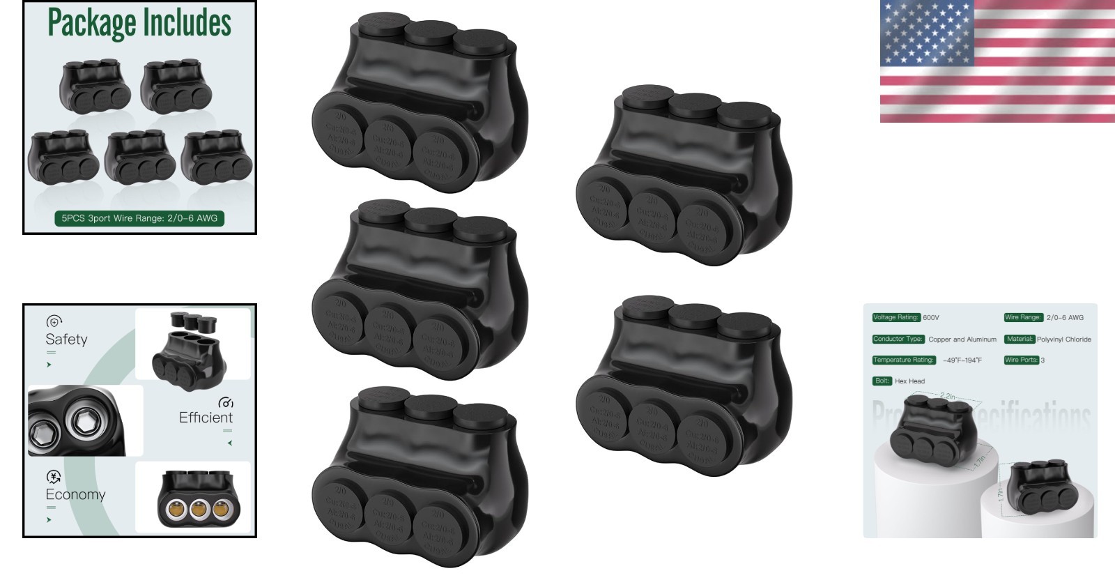 5 Port Insulated Multi Tap Connector 2/0-6 Gauge Wire Connectors A…