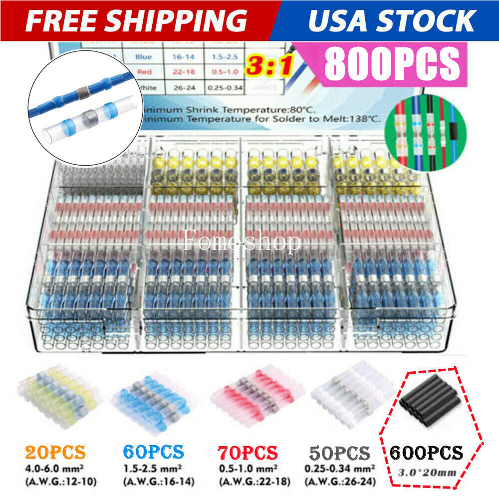 800PCS Waterproof Solder Seal Wire Connectors Heat Shrink Terminals Butt Sleeve