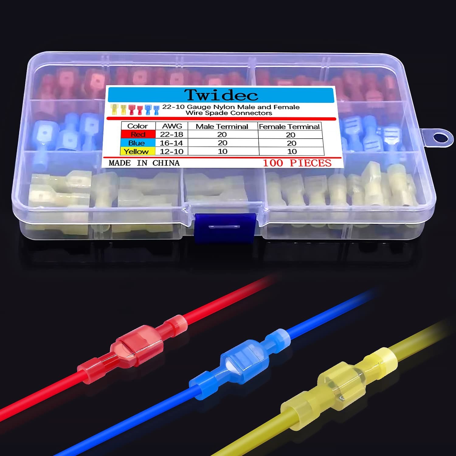 UL Listed Nylon Spade Quick Disconnect Connectors Kit, 22-10 Gauge Male and Fema