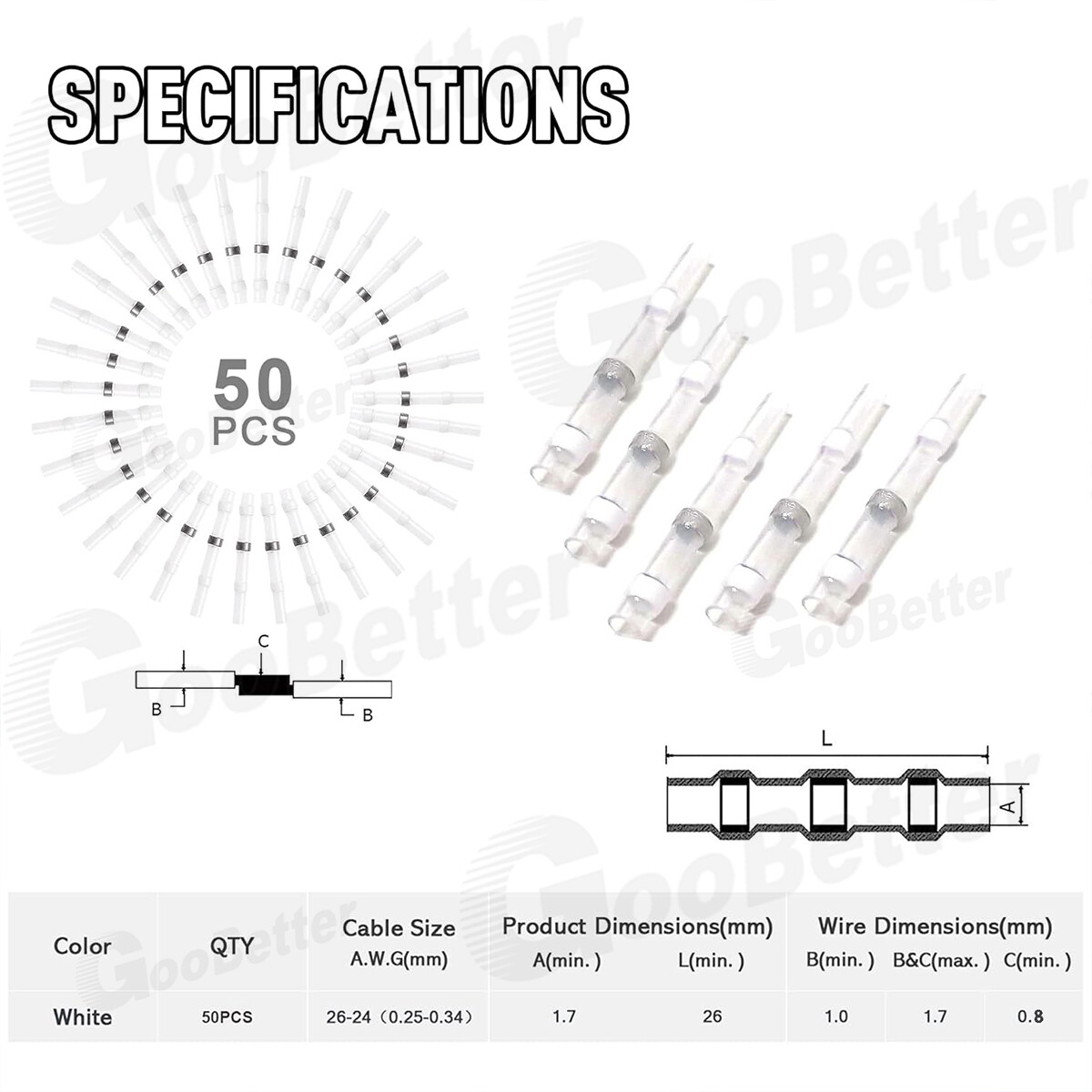 50pcs Solder Seal Sleeve Heat Shrink Butt Wire Connectors Terminals Waterproof