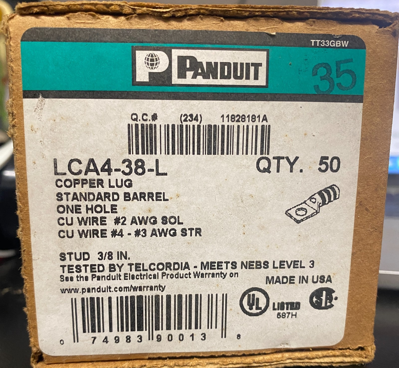 Panduit LCD2/0-38DX, 2/0 AWG Copper, 3/8″ Stud, Compression Cable Lug, 9 pieces