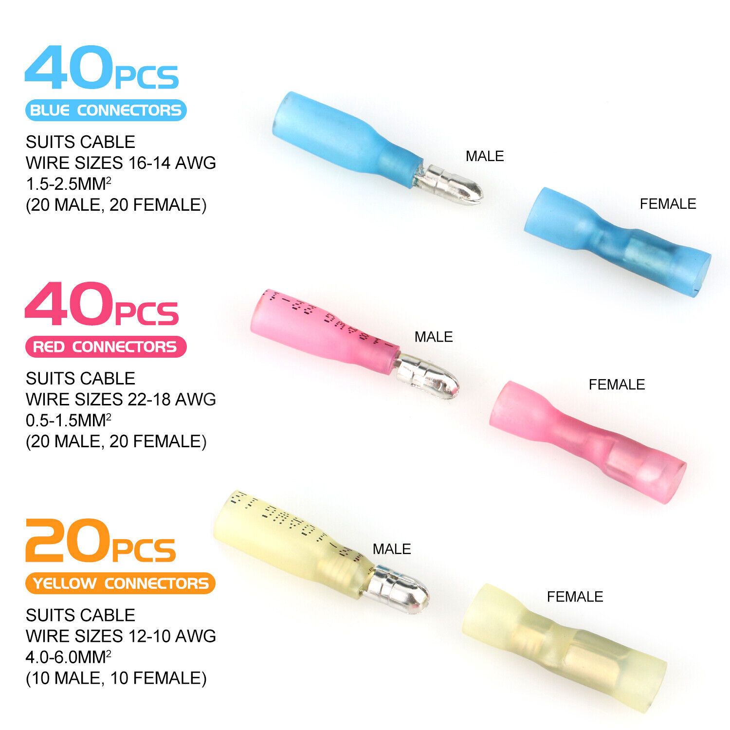 200pcs Heat Shrink Bullet Wire Connectors 22-10AWG Male Female Crimp Terminals