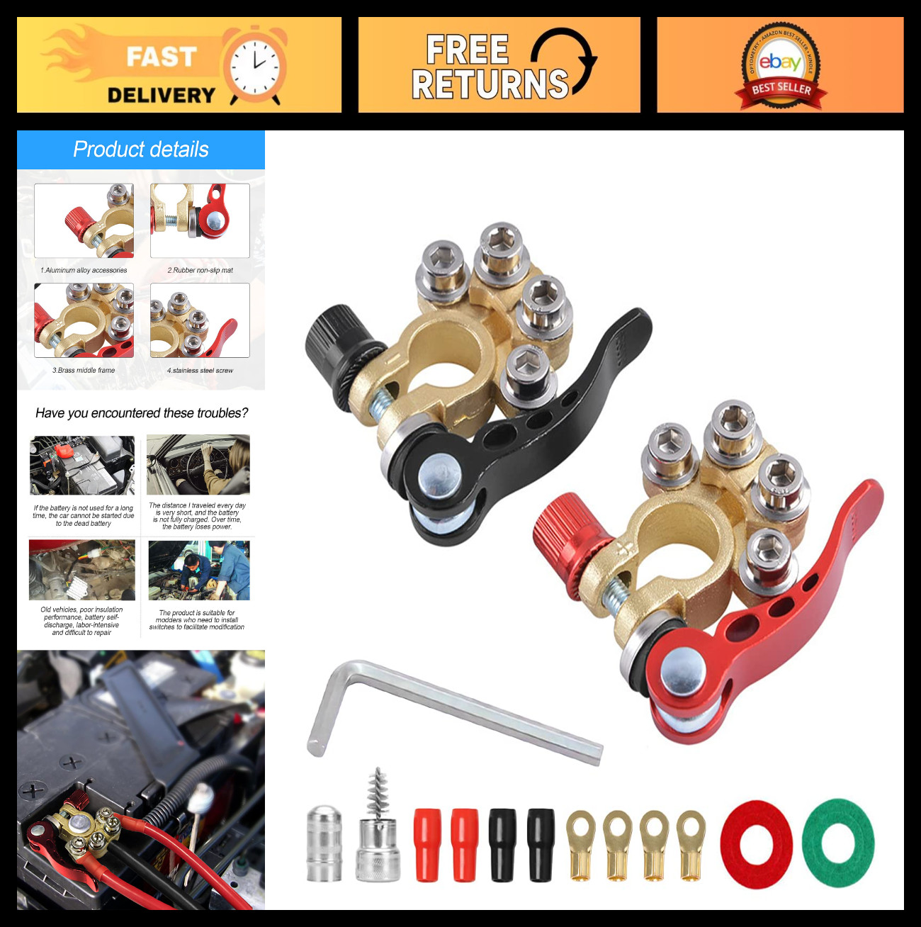 2PCS 4-Way Quick-Release Car Battery Terminal Connectors for SAE/JIS Type A Post