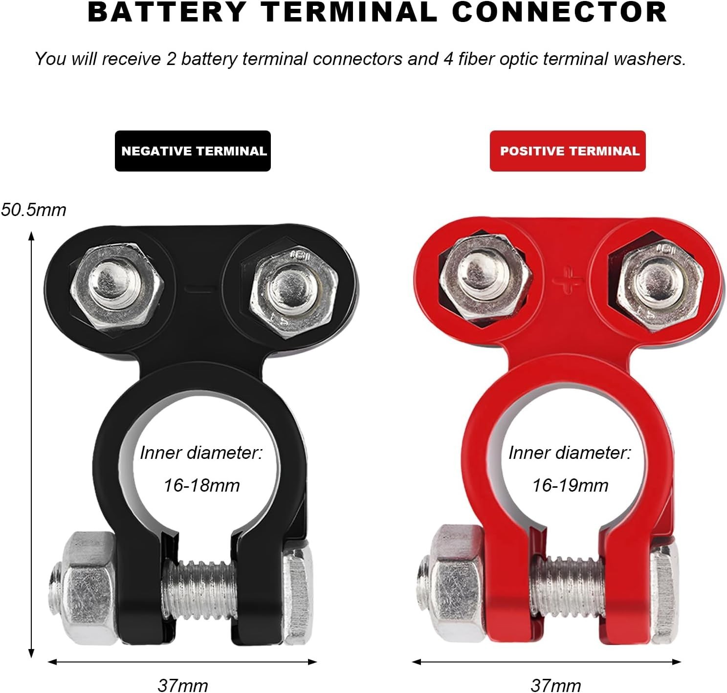 2PCS Aluminum Battery Post Connectors with Anti-Corrosion Washers for Vehicles