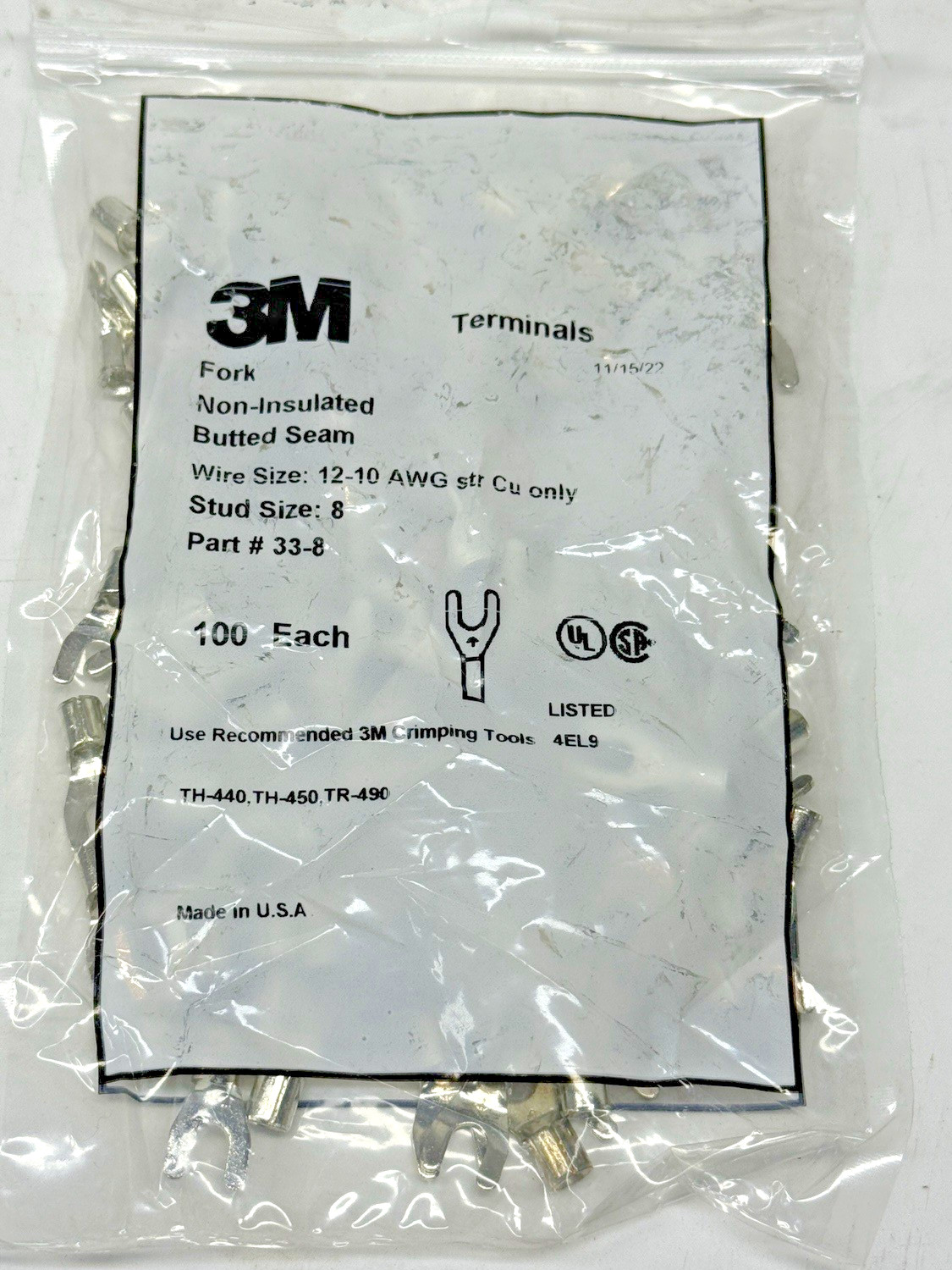 3M # 8 Stud Size, Fork Terminal, 12-10 AWG, Non Insulated. Butted Seam, 100PK