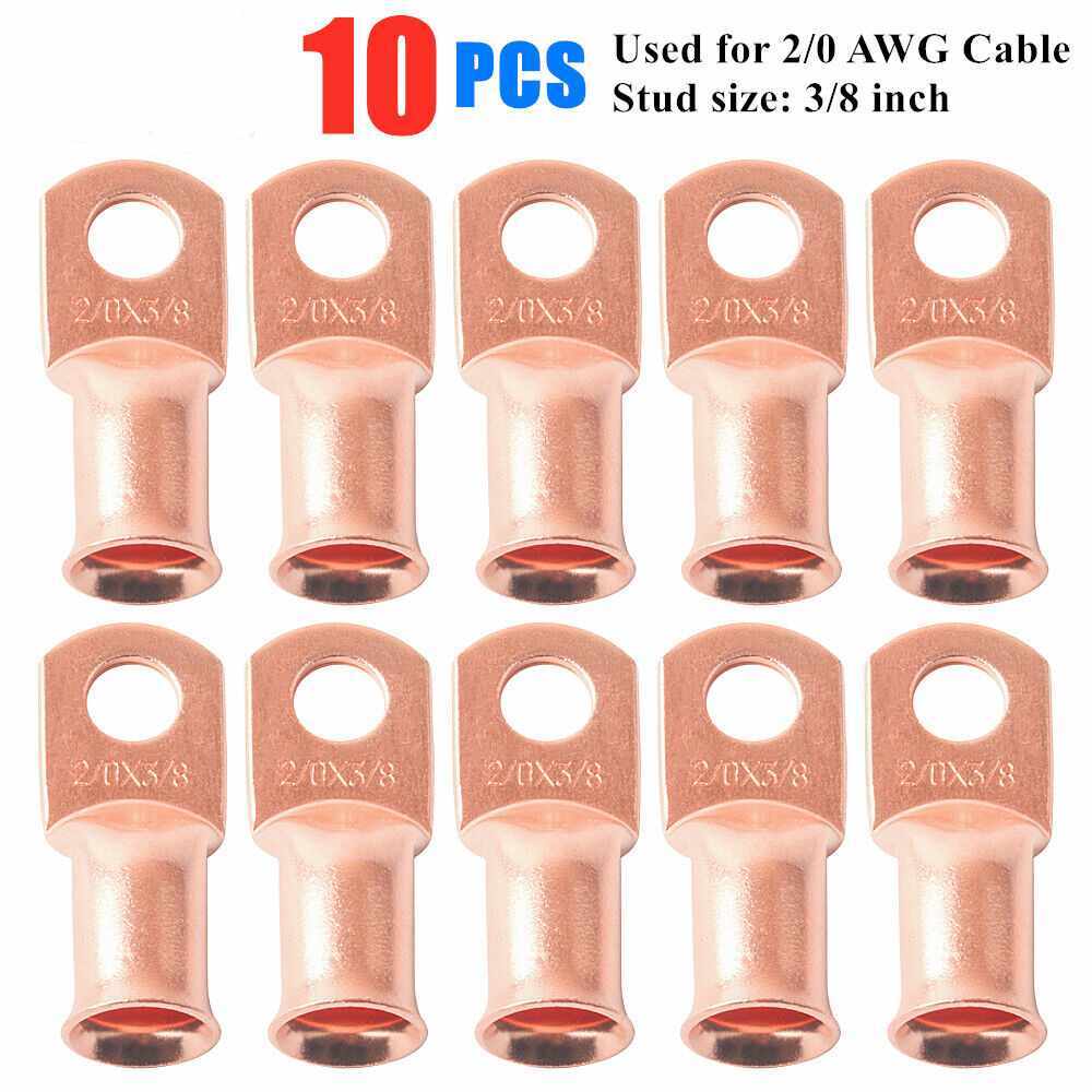 10x 2/0 Ga AWG 3/8″ Copper Lug Ring Crimp Solder Terminals Power Or Ground Wire