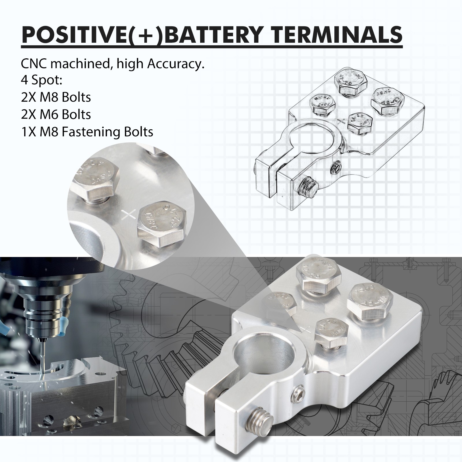 Car Audio Modification 4 Spot Flat Lug Battery Terminals For SAE Top Post Clamp