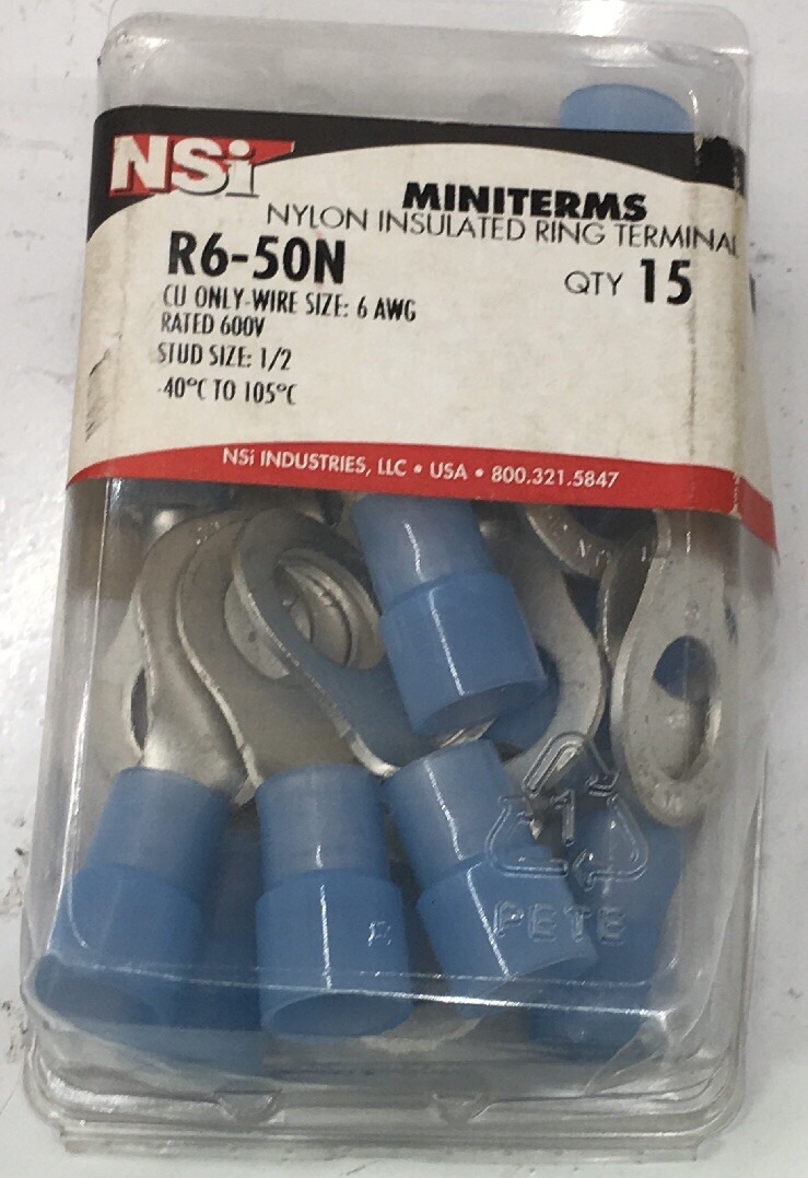 [BOX OF 15] R6-50N NSI 6 -AWG 1/2-INCH STUD NYLON-INSULATED RING TERMINAL