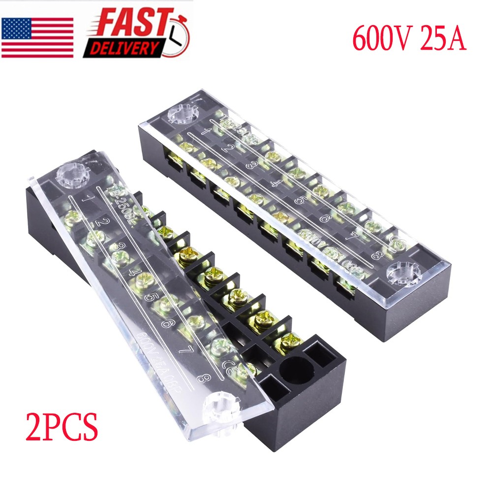Dual Rows 8-Position 600V 25A Cable Barrier Block Terminal Strip TB-2508L 2PCS