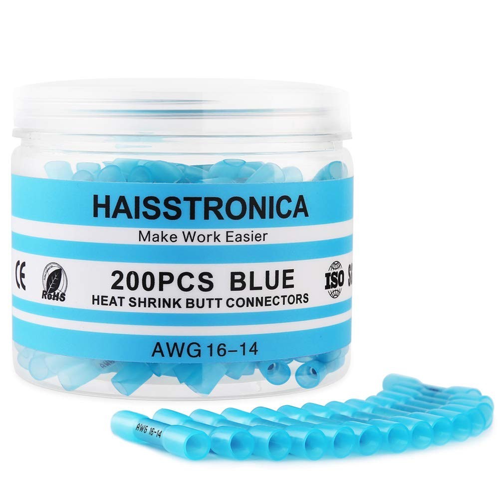 Haisstronica 16-14 Awg Blue Heat Shrink Butt Wire Connectors 200 Count