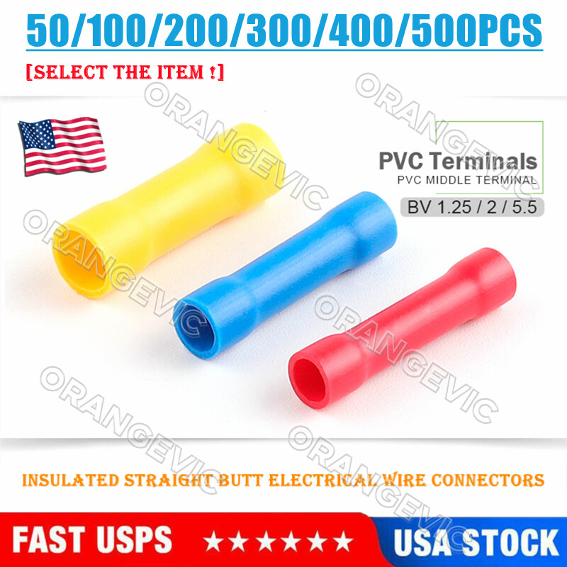 500/300pcs Insulated Straight Butt Splice Wire Connectors Cable Crimp Terminals