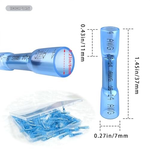 Heat Shrink Butt Wire Connectors, 100Pcs 16-14 AWG Blue Insulated Waterproof