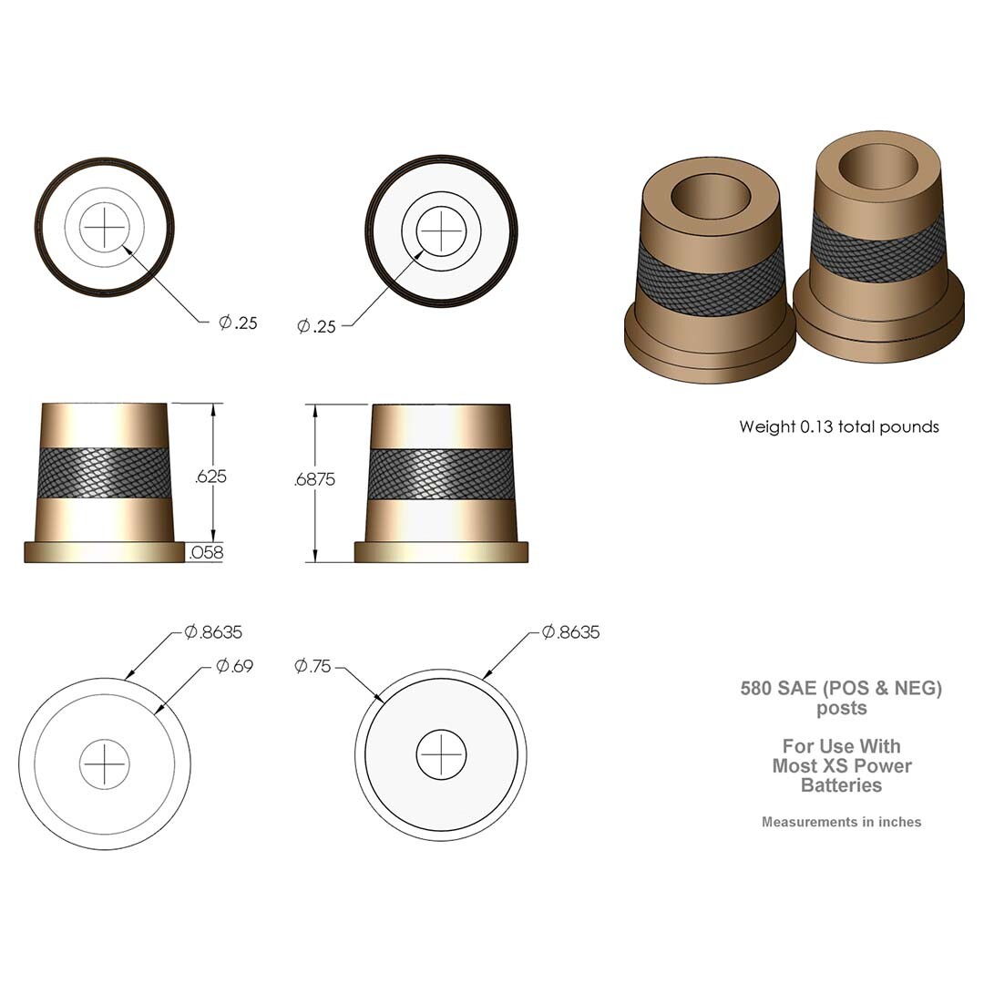 XS Power 580 12 Volt Battery Short Post Brass Terminal Adapters Pair M6 Threads