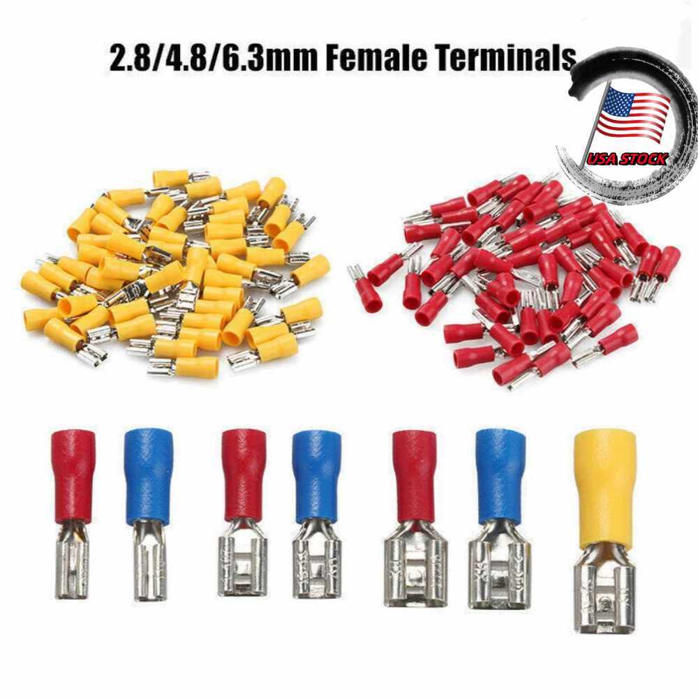 2.8mm-6.3mm PVC Vinyl Insulated Female Spade Terminals Wire Connectors 100PCS