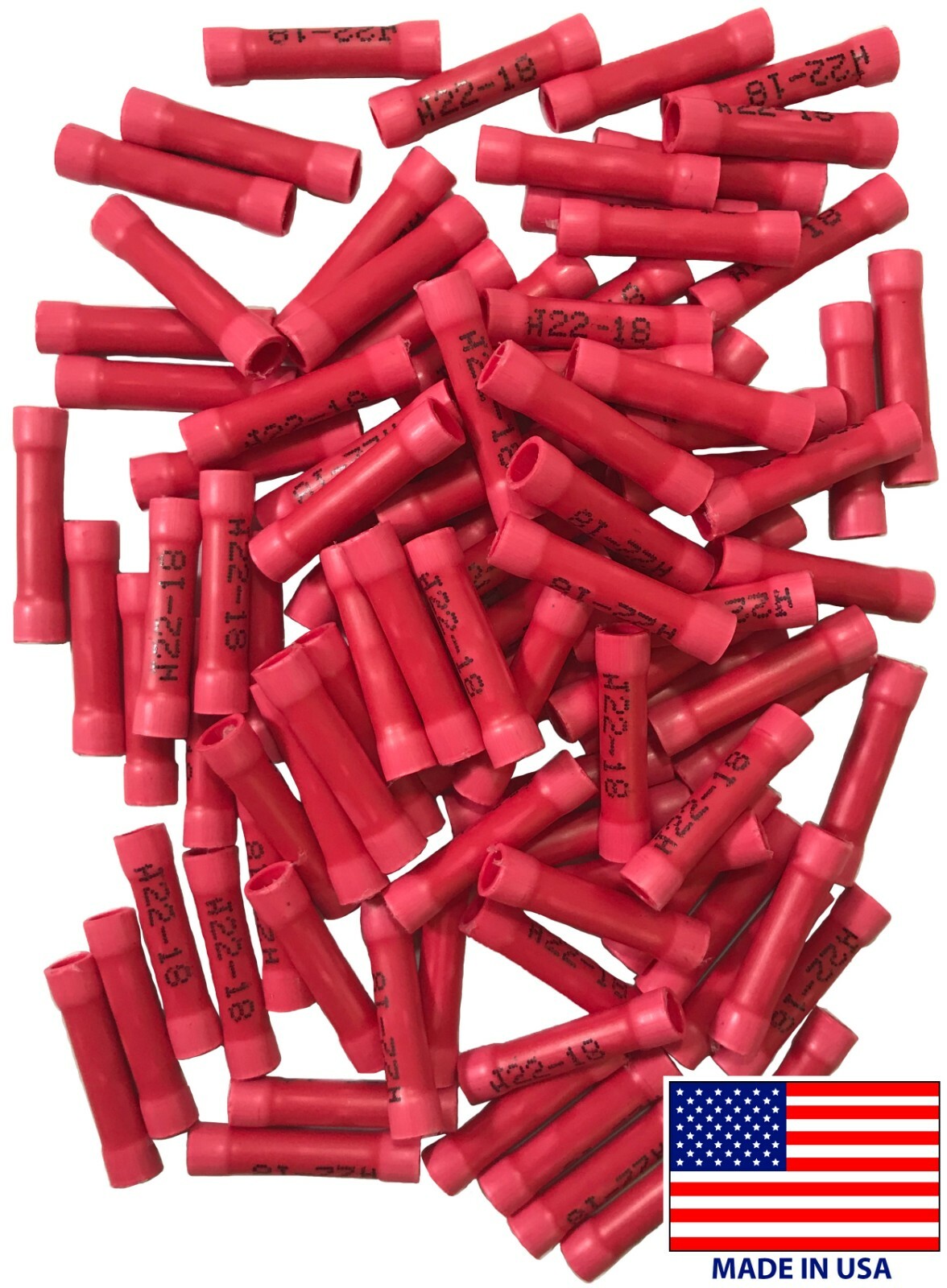 (100) 22-18 Gauge Red Vinyl Insulated Butt Splice Connector Wire Crimp Terminal