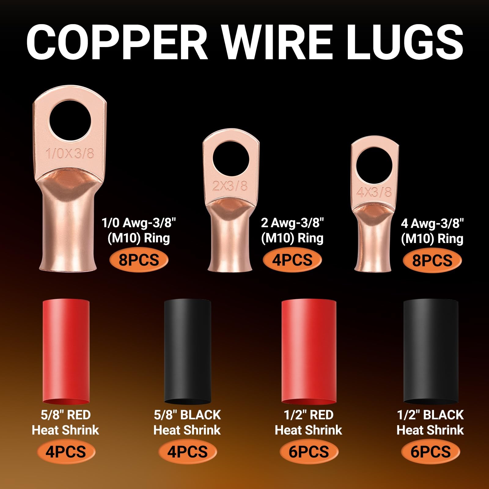 40pcs Battery Cable Ends Kit,1/0 AWG 2 AWG 4 AWG Copper Lugs,0 Gauge 00 Gauge…