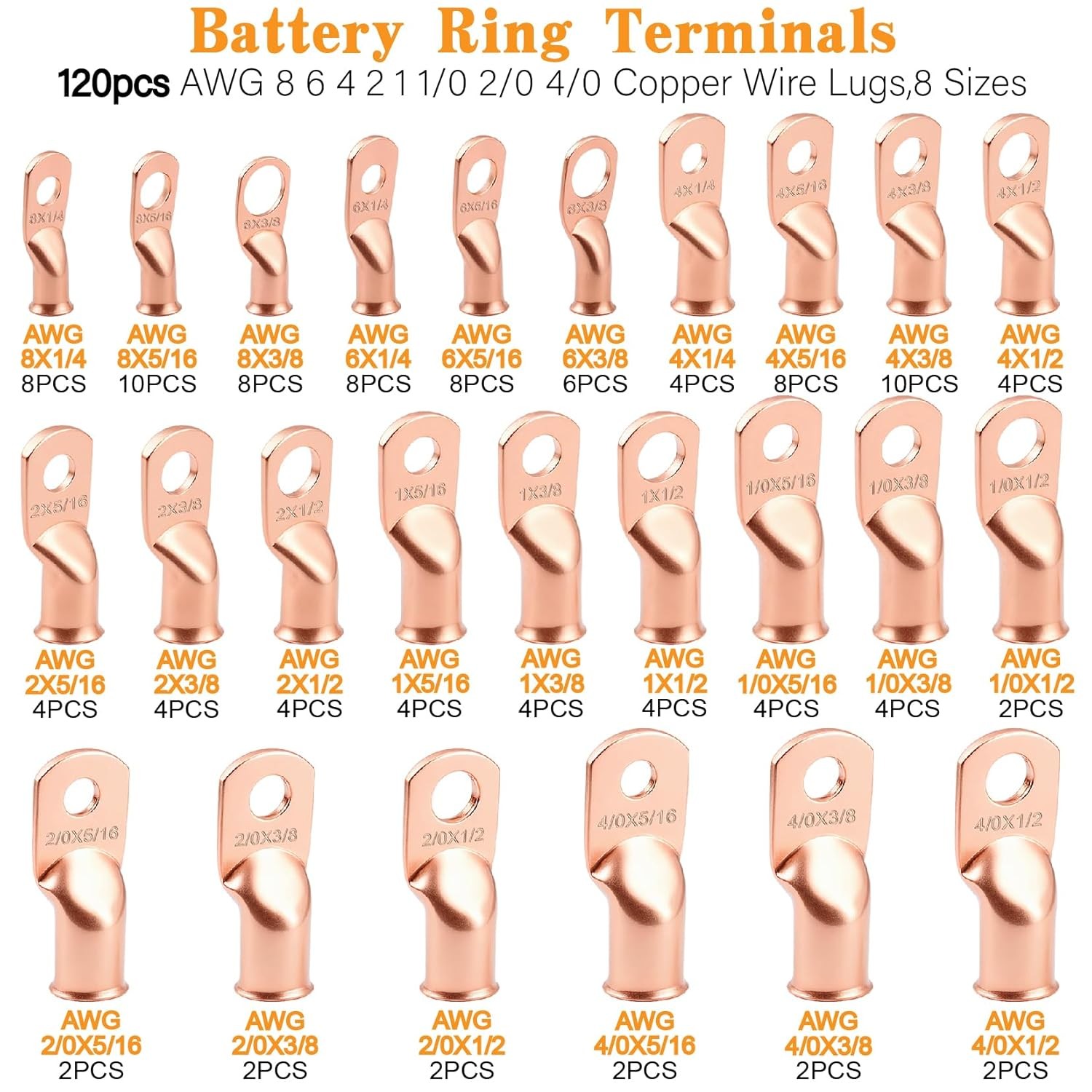 240Pcs Battery Cable Terminals Crimp Connector AWG8 4 6 2 1 1/0 2/0 4/0 Gauge 1/