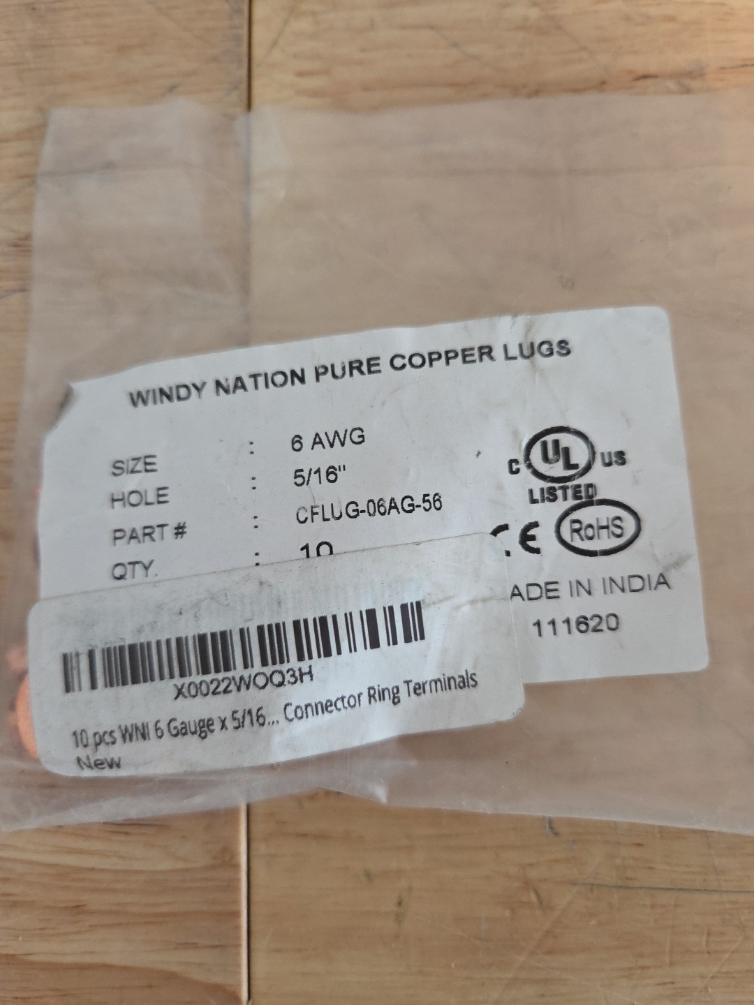 6 awg 5/16″ Stud Ring Terminal Lug Bare Copper Non-Insulated Lot Of 10 Windy Na