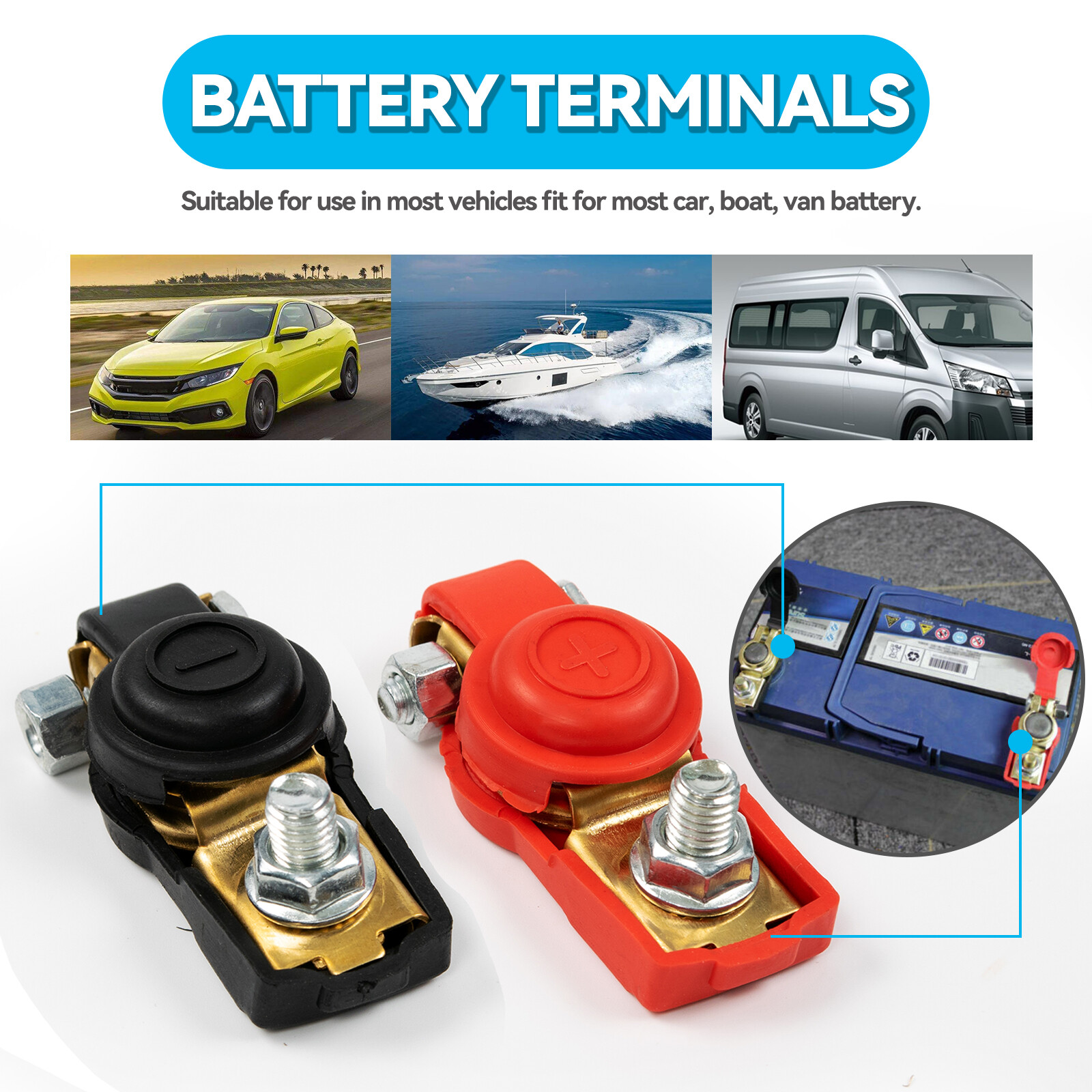 Pair Car Battery Terminal Connector Positive-Negative Post Heavy Duty Clamp Clip
