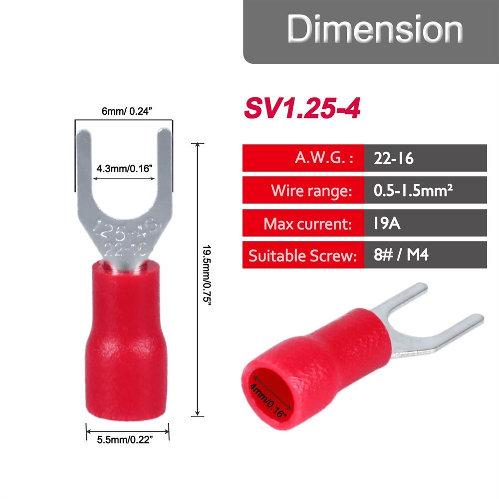 Vinyl Insulated Crimp Red Fork Spade Terminals Gauge 22-16AWG Wire Connectors