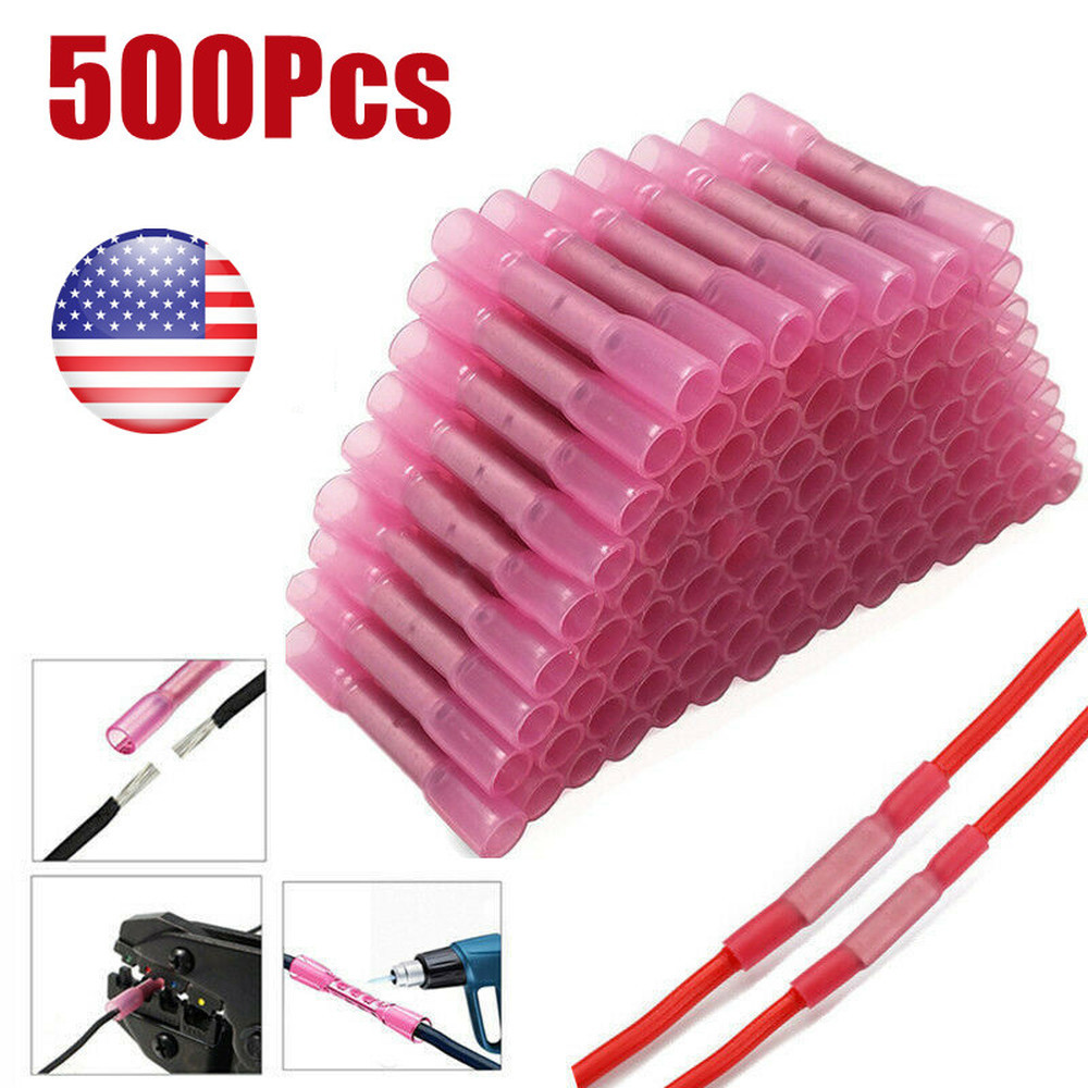 500Pcs 18-22AWG Wire Butt Connectors Heat Shrink Waterproof Splice Terminals Red