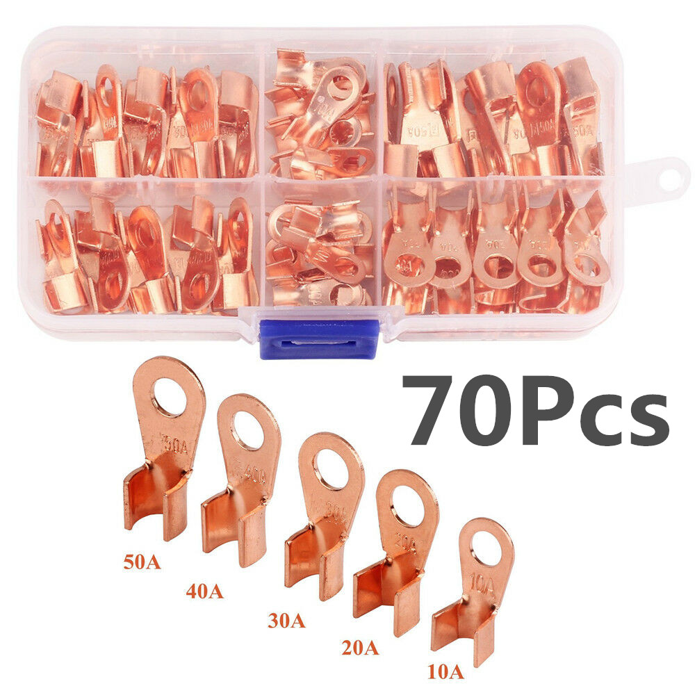 70Pcs 10/20/30/40/50A OT Open Cable Wire Terminal Connectors Copper Lugs