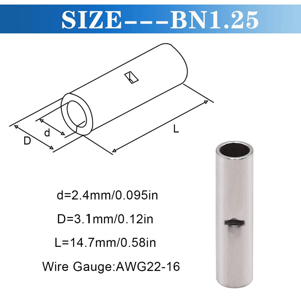 10-100Pcs 2-22 AWG Non-Insulated Copper butt Splice connectors terminal barrel