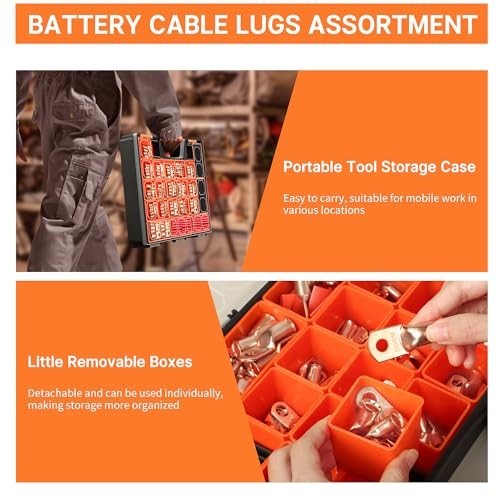 Battery Cable Ends Kit 220 Pieces Copper Wire Lugs AWG 2/0 1/0 1 2 4 6 8 Gauge
