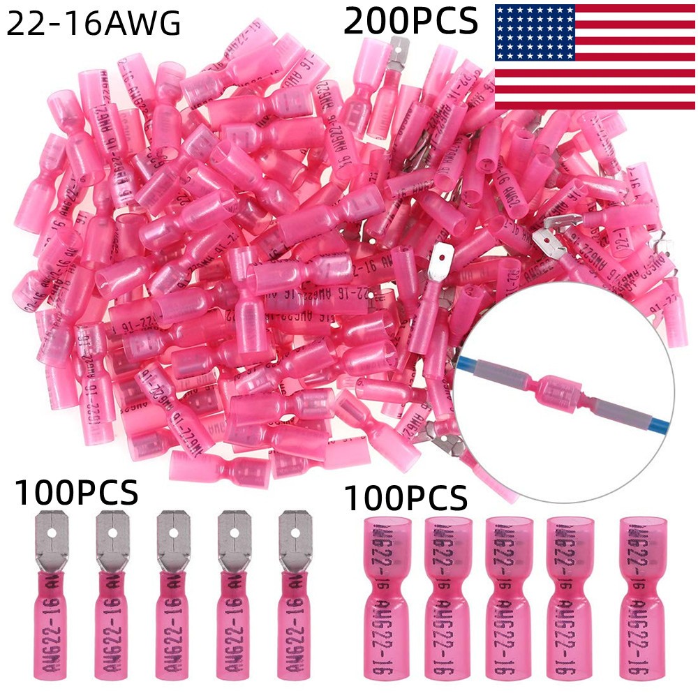 200PCS Heat Shrink Wire Connector 16-22AWG Female Male 0.25″ Spade Terminals Kit