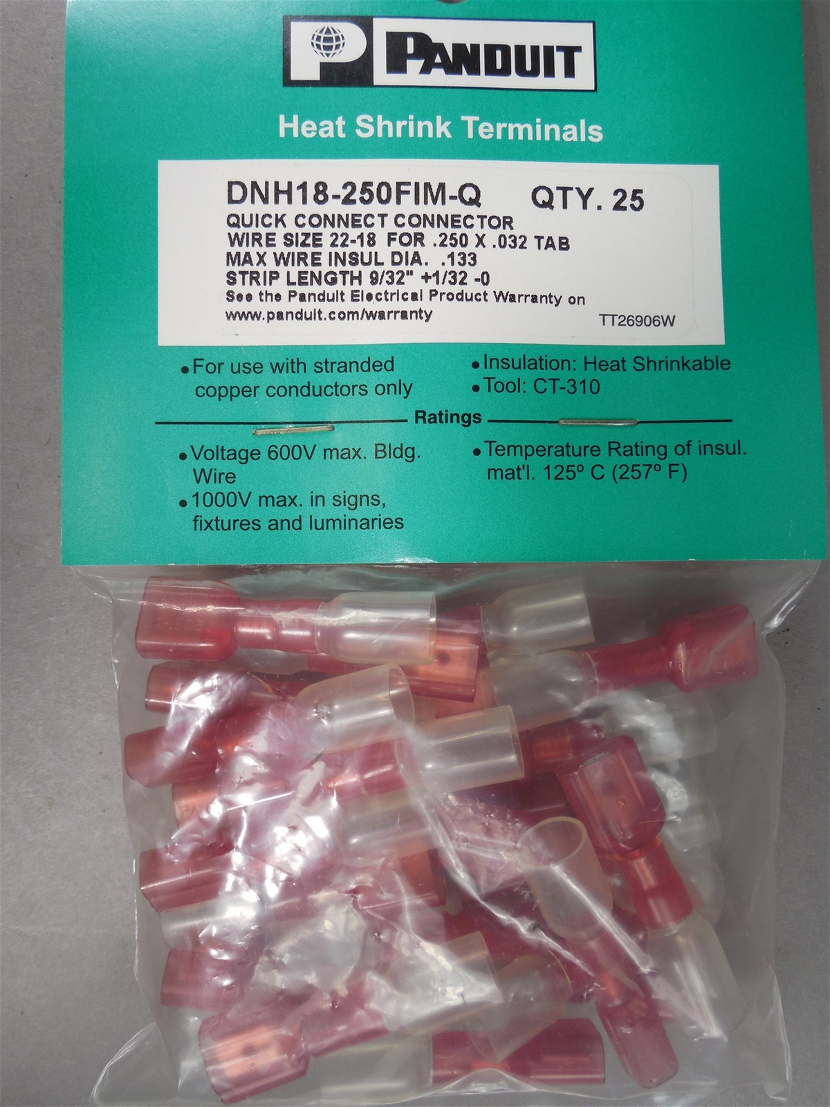 125pcs Panduit DNH18-250FIM-Q Quick Connect Wire Size 22-18 for .250x.032 Tab