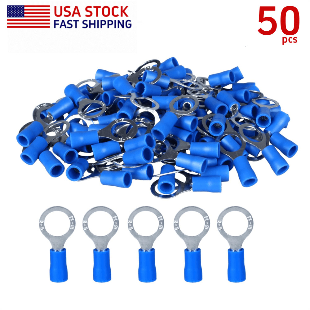 50pcs Crimp Vinyl 8mm Ring Terminals Gauge 16-14AWG Wire 5/16″ Stud Connectors