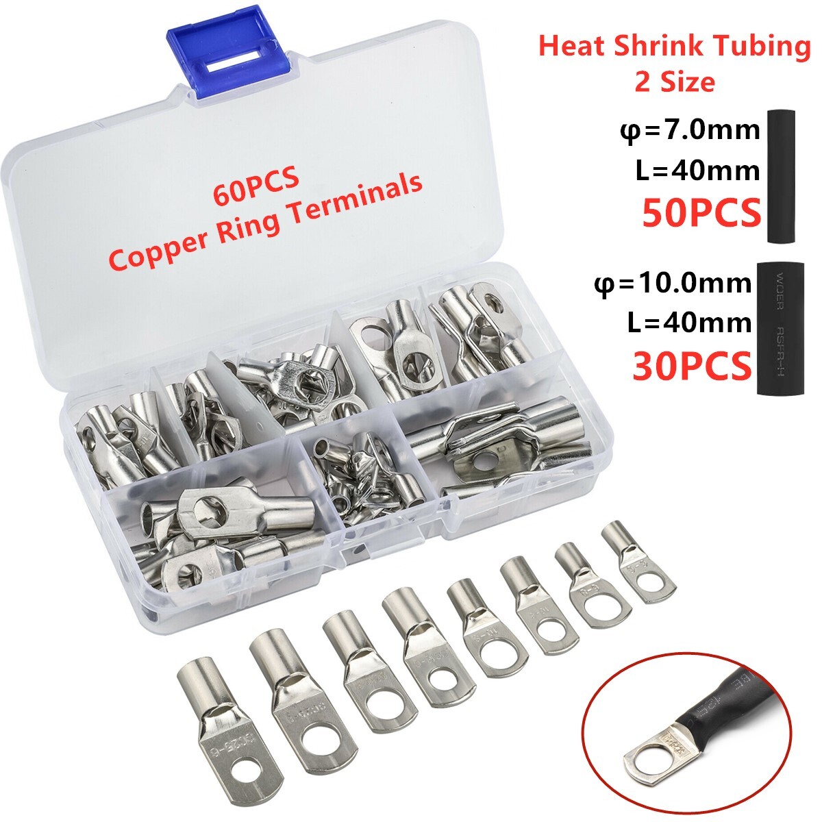 140x Assortment Car Auto Copper Ring Terminal Wire Crimp Connector Cable Battery