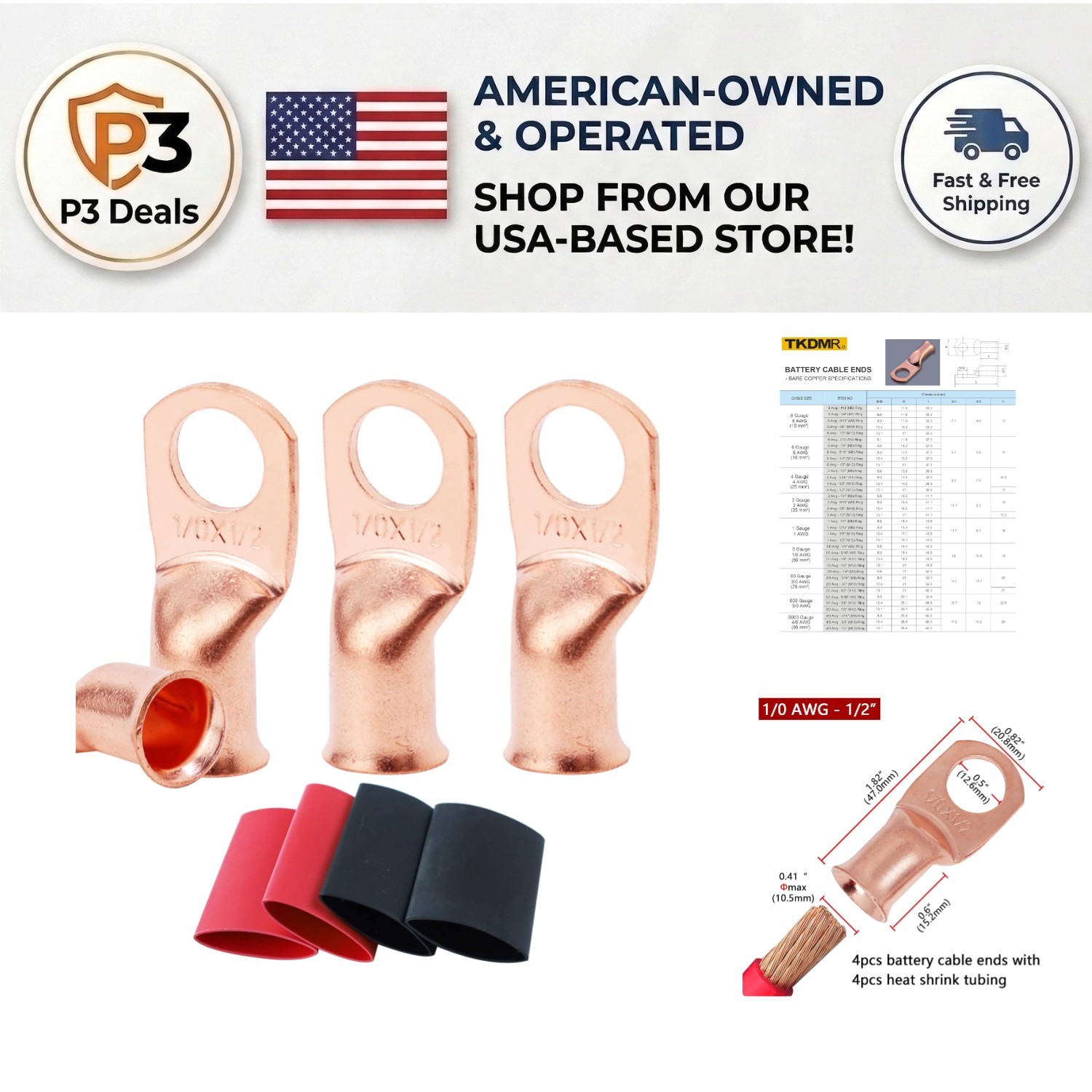 4 Heavy Duty Battery Lugs with 3:1 Heat Shrink Tubing for Reliable Connections