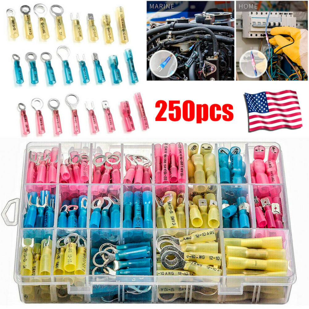 250PCS Heat Shrink Wire Connectors Electrical Terminals Kit Waterproof Marine US