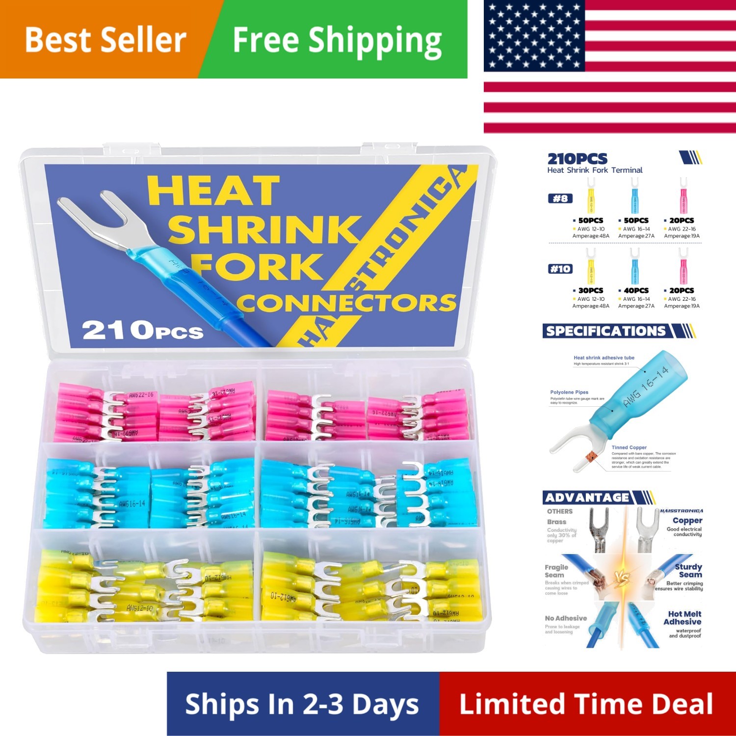210PCS Heat Shrink Fork Spade Connectors Waterproof Marine Grade Fork Termina…