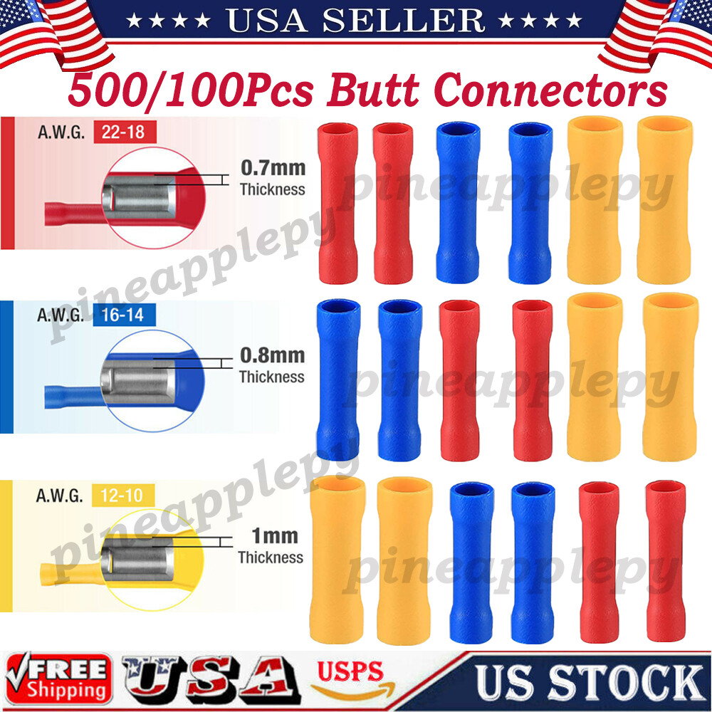 500/100Pcs Insulated Straight Butt Electrical Wiring Connectors Crimp Terminals