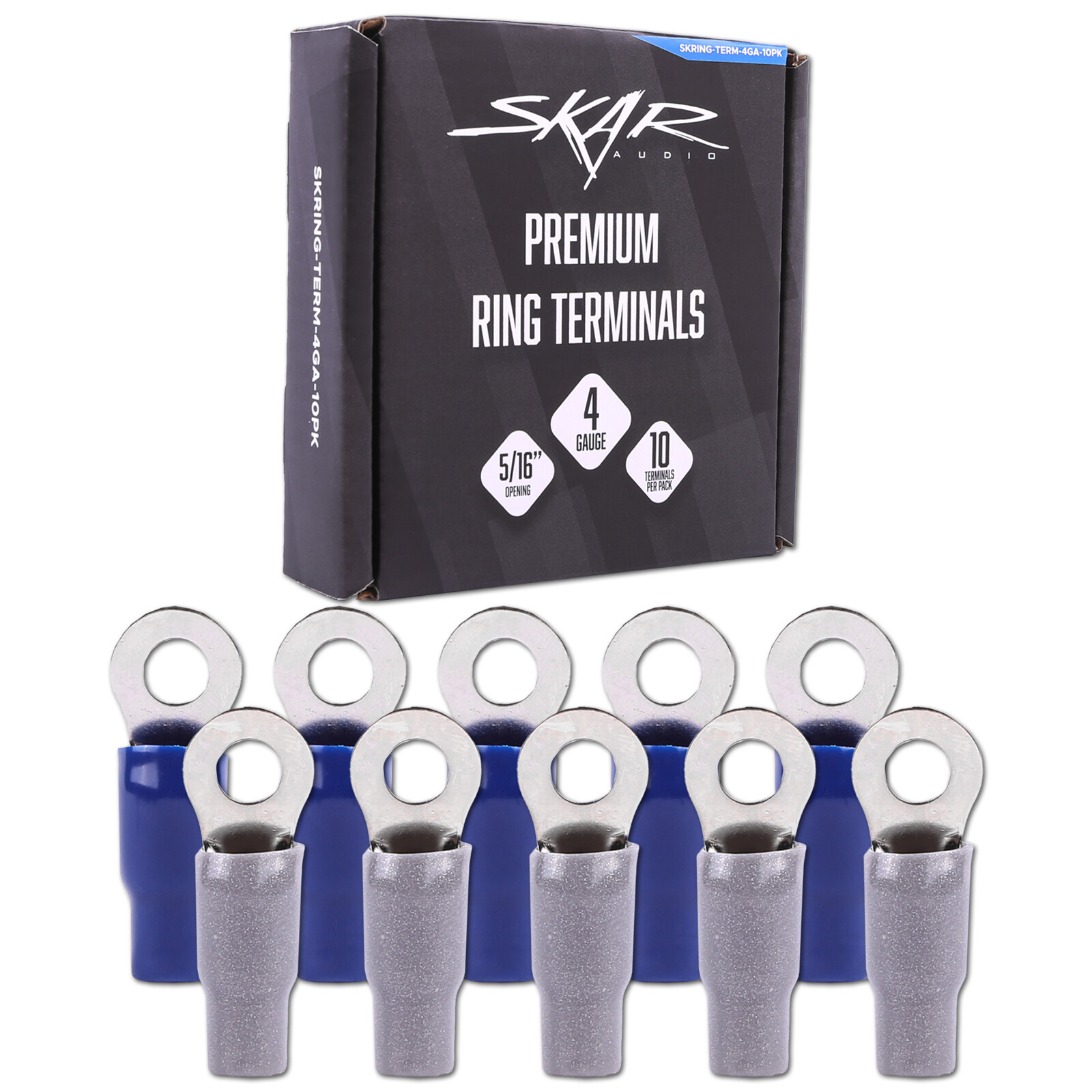 SKAR AUDIO 4 GAUGE (5/16″) NICKEL PLATED PREMIUM RING TERMINALS (10 PACK)