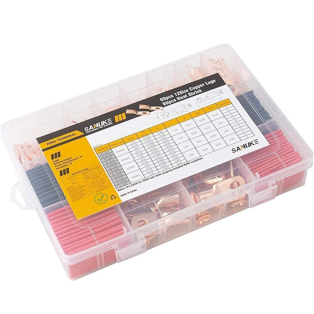 AWG 8-2 Copper Tube Ends with 60Pcs Heat Shrink Tubing – Reliable Connector Kit
