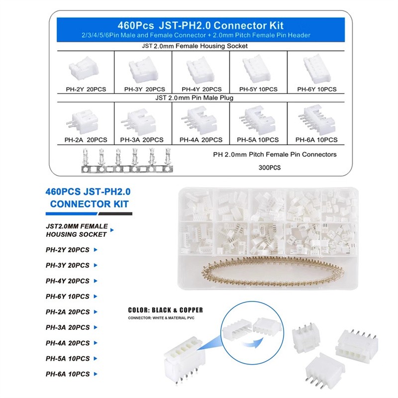 460PCS JST PH2.0mm/XH 2.54mm Pitch Connector Assortment Kit 2/3/4 Pin