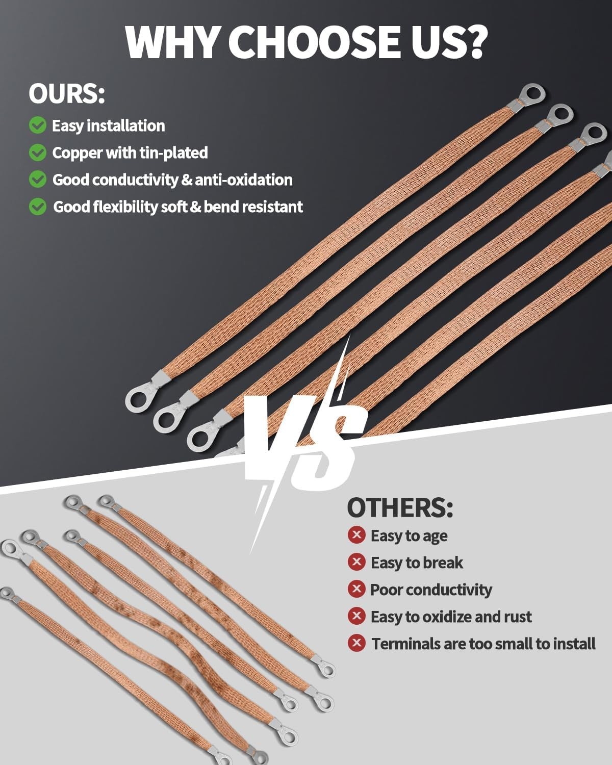 6 PCS Universal Automotive Braided Copper Ground Strap, 12 Inch Engine Ground S